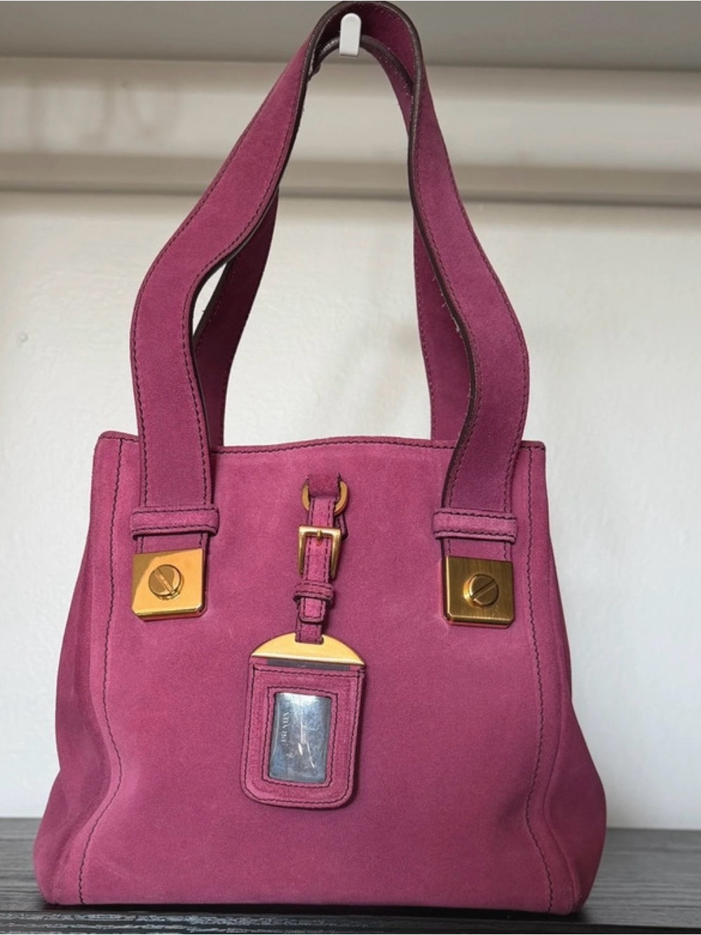 Vintage Prada Magenta Scamosciato Suede Mini Tote Bag Gold Hardware
